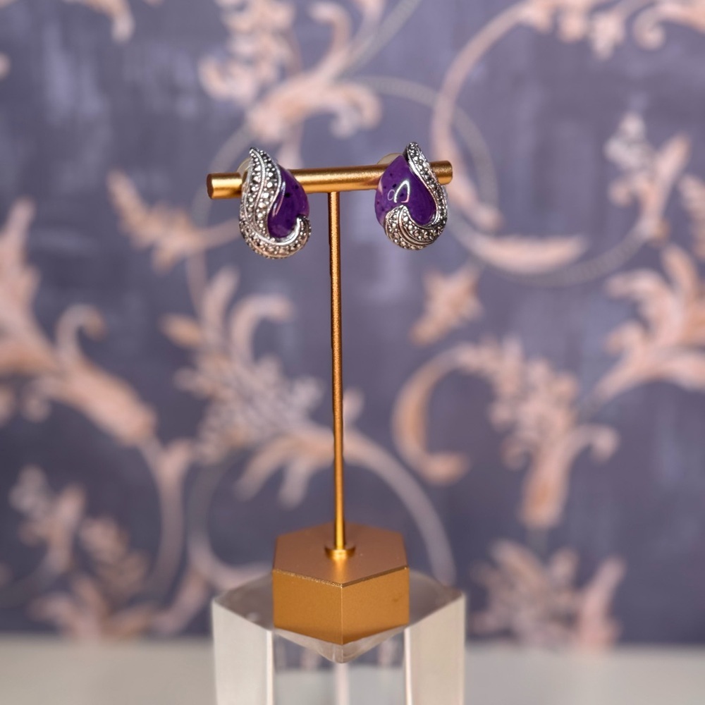 Avon Faux Amethyst & Marcasite Earrings Purple Silver Pierced Teardrop Lot E4